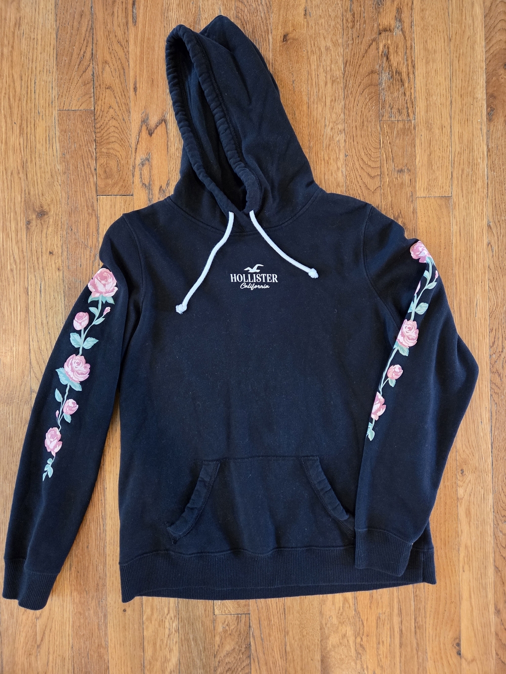 Hollister Black Pullover Hoodie with Pink Rose Graphic Sleeves Size L